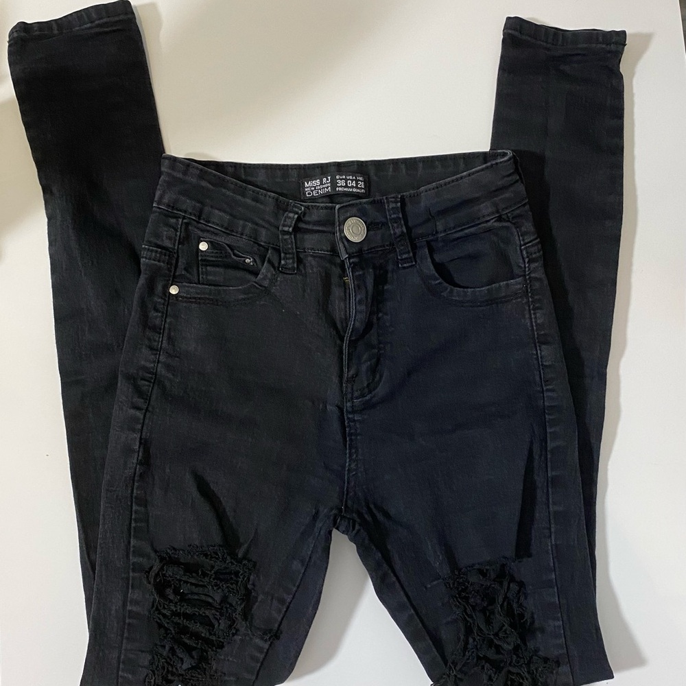 Miss RJ Black Distressed Skinny Jeans Lace-Up Ripped Size 4 US High Waist strech